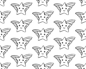 Seamless pattern cartoon star drawn with a black and white line. oloring. Children s Doodle style background. Kawaii star vector with wings and smile. Cute star illustration for kids. Baby shower