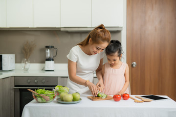 Happy mother and her daughter enjoy making and having healthy meal together at their home