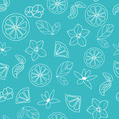 Vector orange blossom seamless pattern with white flowers, leaves, orange slices, blue background. Perfect for fabric, scrapbooking, wallpaper projects.