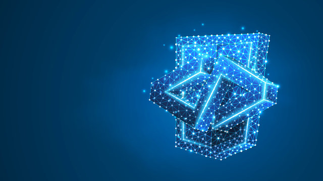 HTML code Bracket model. Coding technology, software programming concept. Abstract, digital, wireframe, low poly mesh, vector polygonal blue neon 3d illustration. Line, dot, star