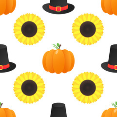 Seamless colorful thanksgiving pattern with pumpkins, sunflowers and the hat on it flat style design vector illustration isolated on white background