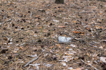 White plastic bottle on the ground in a pine forest.