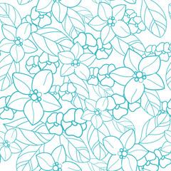 Vector orange blossom seamless pattern with turquoise flowers, leaves, orange slices, white background. Perfect for fabric, scrapbooking, wallpaper projects.