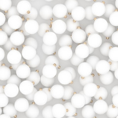 Seamless pattern of white christmas balls. White Christmas ornaments on grey background. 3D Rendering. 