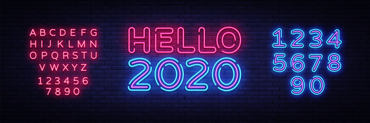 Hello Neon Sign Vector Happy New Year Neon Poster Design Template Modern Trend Design Night Signboard Night Bright Advertising Light Banner Light Art Vector Editing Text Neon Sign Buy This