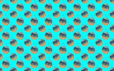 Seamless pattern with Steel cauldron with boiling green magic potion on blue background. Watercolor illustration for Halloween
