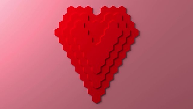 Ultra High Definition resolution computer generated animation of pixel honeycomb pattern red heart shape, thirty frame per second