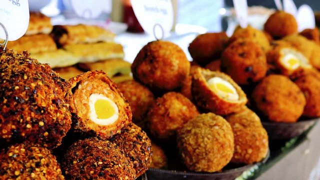 Scotch Eggs stand at a food market