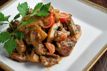 Mushrooms with meat and herbs . menu for catering