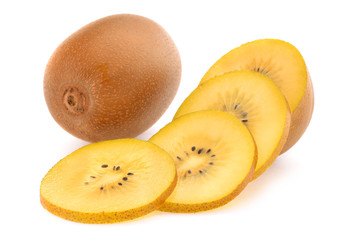 Kiwi golden cutted into thin slices isolated on white