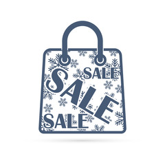 Paper bag for christmas sale with snowflakes and text. Template for design shop, website, banner. Linear pictogram. Vector illustration.