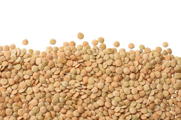 Pile lentil isolated on white background. Top view.