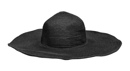 Black hat on isolated white background. Stylish beach straw hat with wide margins.