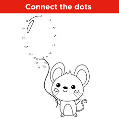Educational connect number dot to dot game. Kawaii mouse with balloon. Coloring page for kids. Vector illustration.