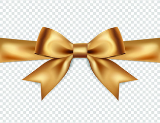 Beautiful golden bow isolated on transparent background, satin bow for gift, surprise, christmas present, birthday. 3D. Vector EPS10