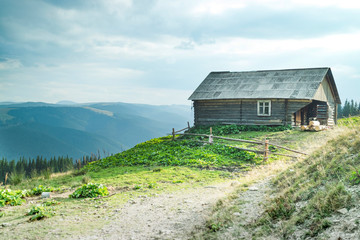 Wooden house on a tourist route in the Carpathian mountains