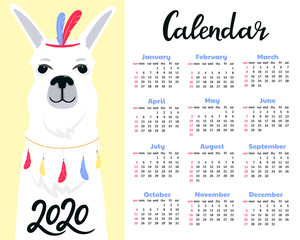 Calendar for 2020 from Sunday to Saturday. Cute llama. Alpaca cartoon character. Funny animal.