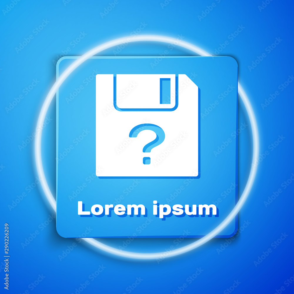 Poster white unknown document icon isolated on blue background. file with question mark. hold report, servi