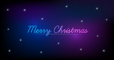 Merry Christmas neon text design on night sky with glowing stars. Vector template for Xmas greeting banner, card on galaxy background.