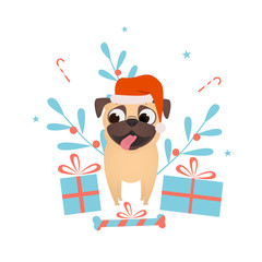 Happy pet dog pug with Christmas presents dress up Santa hat.Christmas and New Year presents for pet. Concept vector illustration for pet shop, web design, templets, card, poster.