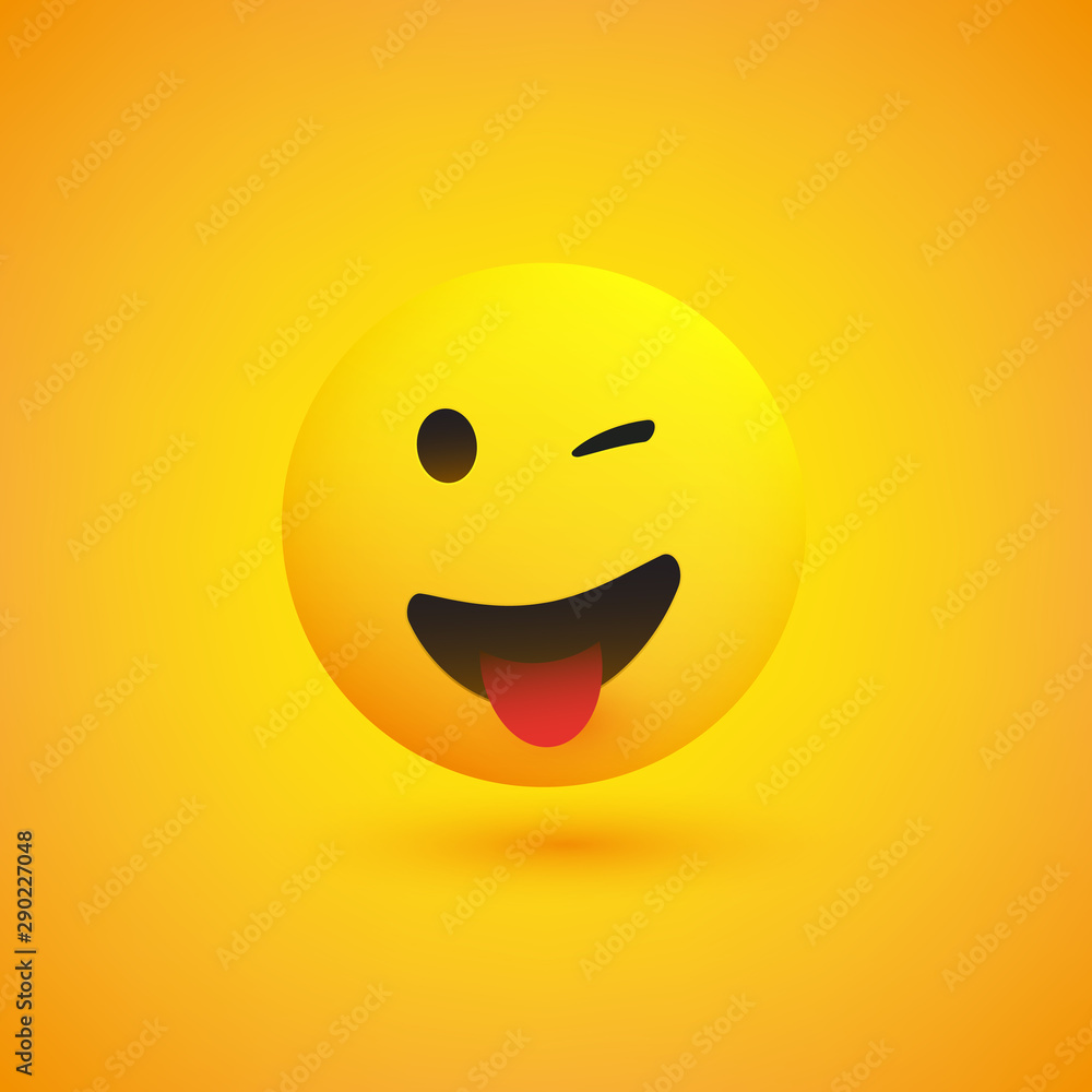 Poster smiling emoji with stuck out tongue - simple happy emoticon on yellow background - vector design