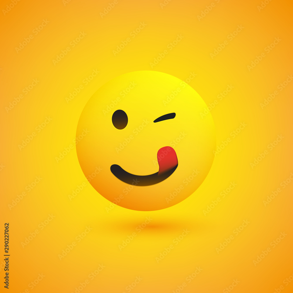 Poster smiling emoji with stuck out tongue - simple happy emoticon on yellow background - vector design