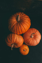Image from above of four orange pumpkins on black background, halloween celebration.