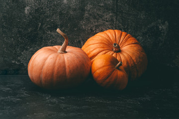 Photo of three orange pumpkins on black background, halloween celebration.