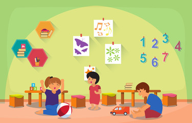 Kids Play Toys Kindergarten Classroom Interior Children School Furniture Vector Illustration