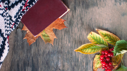  oldbook lies on a warm gray table with a  bookmark of autumn leaf, lying next to a warm cozy white scarf