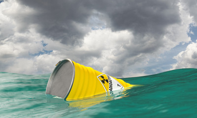 barrel containing radioactive waste floats in the middle of the sea.