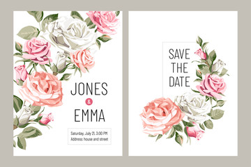 Wedding invitation card. Frame with text and flowers - pink, corall and white Roses on white Background.