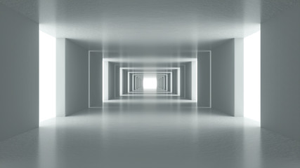 Abstract empty white corridor with walls, bright light and shadows. Concept for art, interior design and futuristic background 3D rendering. Clean indoor architectural illustration.