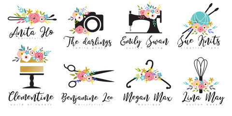Premade floral logo with sewing machine, photo camera, scissors, cake, crochet yarn. Branding set for handmade clothes, instagram boutique, custom bakery, family photographers, hairstylist