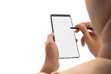 Close up   hand of  business woman use of mobile phone  with blank white screen isolated on white background. Free from copy space.