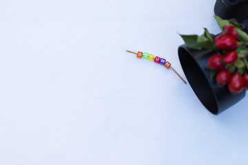 Fototapeta premium ‘Autumn’ Colorful Message With Natural Thread is On White Wooden Background Copy Space. Photo Camera and Branch of Autumnal Red Berries are Blur in Top Corner. Photography and Blogging Concept. 