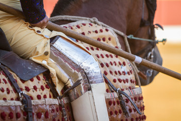 Picador bullfighter, lancer whose job it is to weaken bull's neck muscles, in the bullring for...