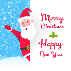 Santa Claus character wishes merry christmas and happy new year to you postcard flat style design vector illustration with text space to fill.