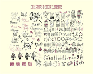 Set of hand drawn New Year and Christmas design doodle  elements. Ideal template for design of greeting cards, invitations, posters, t-shirt prints, home decor and other.