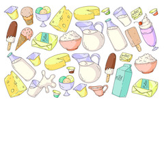 Vector pattern with icons of milk, butter,cottage cheese, sour cream, cheese, yogurt, ice cream, cream. Collection of dairy products.