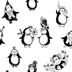 Seamless pattern with cartoon penguins on a white background. Winter children background. Cartoon black and white illustration.