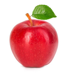 Red apple with green leaf isolated on a white background.