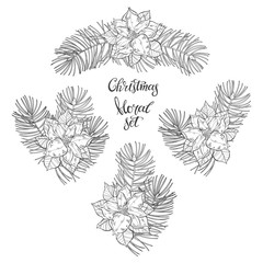Four christmas compositions with poinsettia and pine branches on a white background. Vector. Contour isolated illustrations. Perfect for greeting cards, invitations, and as a design element.