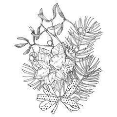 Christmas bouquet with mistletoe, poinsettia and pine branches on a white background. Vector. Contour illustration. Perfect for greeting cards, invitations, and as a design element.