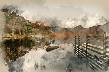 Digital watercolor painting of Beautiful Autumn Fall colorful sunrise over Blea Tarn in the Lake District