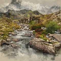 Digital watercolor painting of Moody landscape image of river flowing down mountain range near Llyn Ogwen and Llyn Idwal in Snowdonia in Autumn