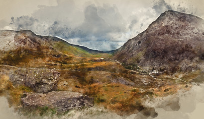 Digital watercolor painting of View along Nant Francon valley Snowdonia National Park landscape