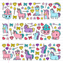 Children pattern with fairy tale unicors for kids clothes, posters, banners, shirts. Vector image with cartoon character.