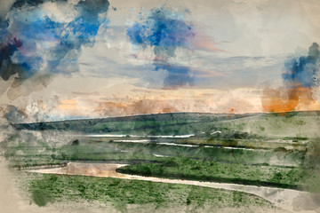 Plakat Digital watercolor painting of Beautiful dawn landscape over English countryside