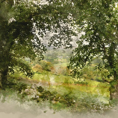 Digital watercolor painting of Landscape image of view from Precipice Walk in Snowdonia